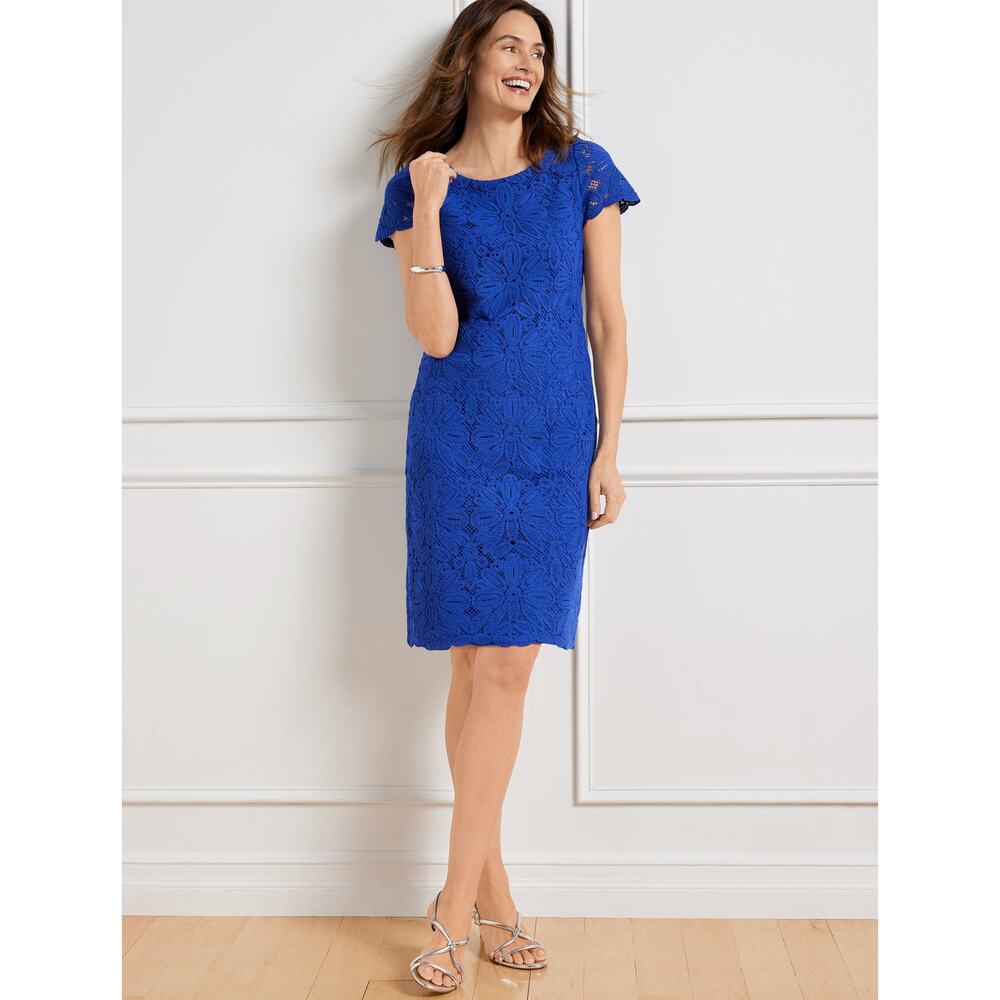 Talbots Crochet Lace Shift Dress Royal Blue Short Sleeve Sz 20WP Scalloped Hem